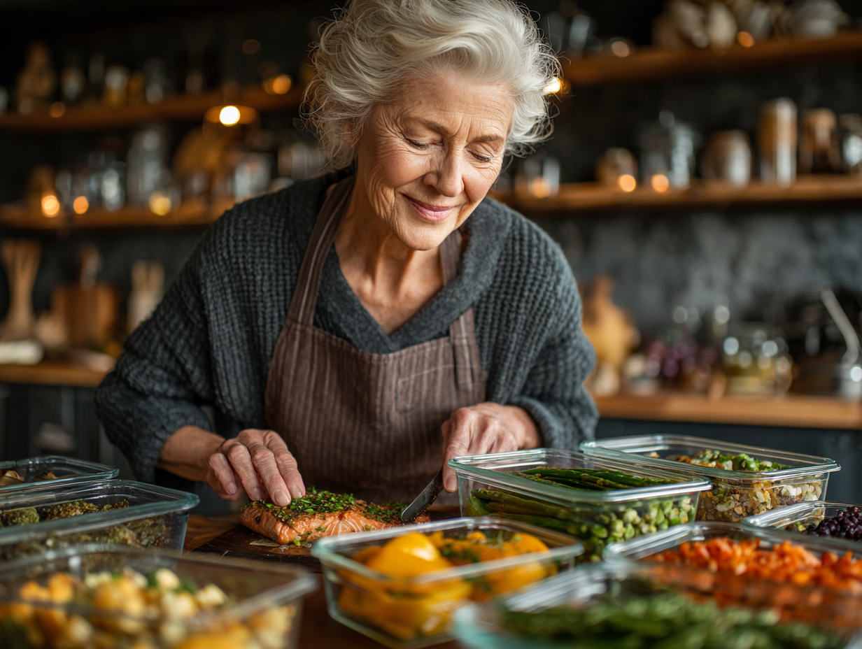 Старша жінка готує здорову їжу на кухні